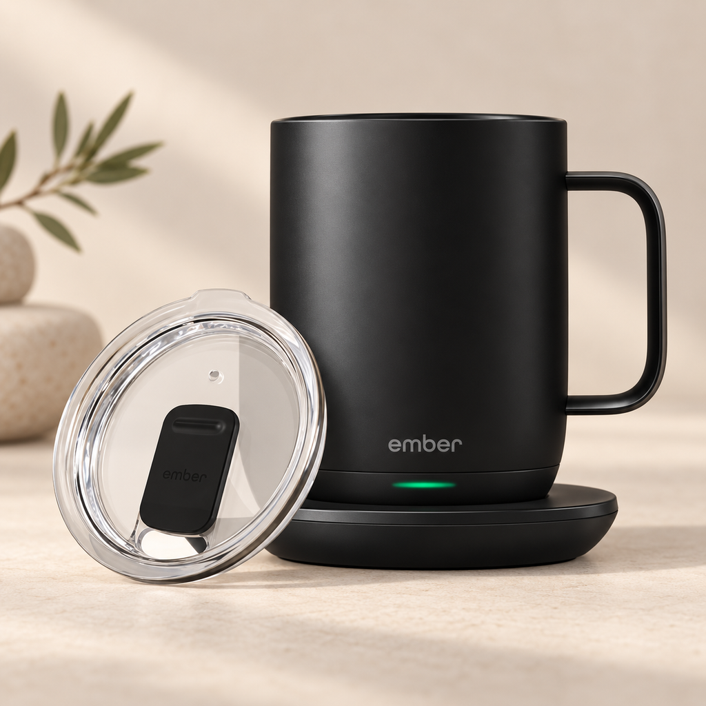 Ember Mug 2 and charging coaster flat lay